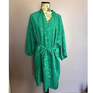 VTG 80s 90s Intimate Affair Cali Green Floral Jacquard Robe Kimono Wrap Sash S-L